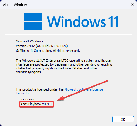 Winver dialog showing Atlas Playbook version